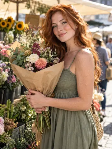 Red-haired woman with a bouquet at a flower market