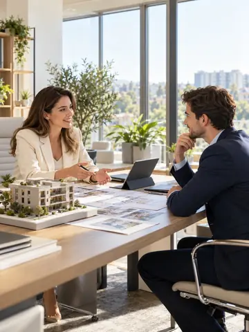 Businesswoman and businessman discussing property across an office desk